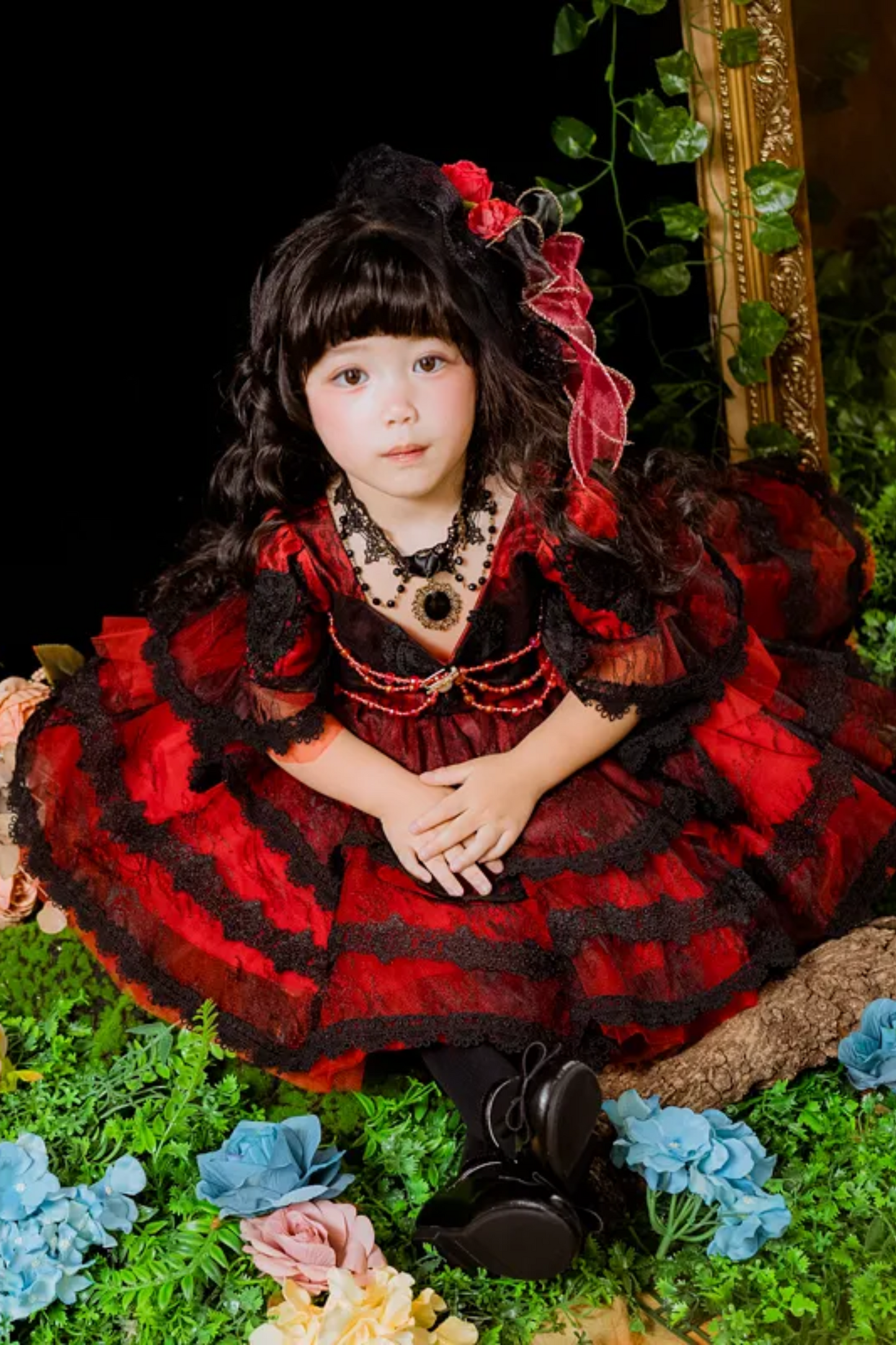 Poker Queen of Hearts~Red and Black Quarter Sleeves/ Puff Sleeves Dress~