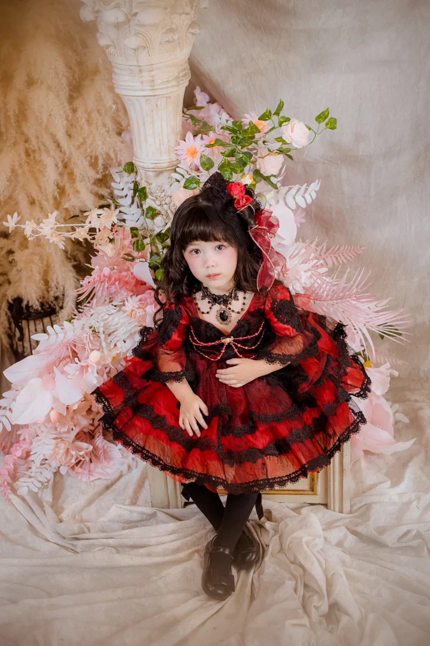 Poker Queen of Hearts~Red and Black Quarter Sleeves/ Puff Sleeves Dress~