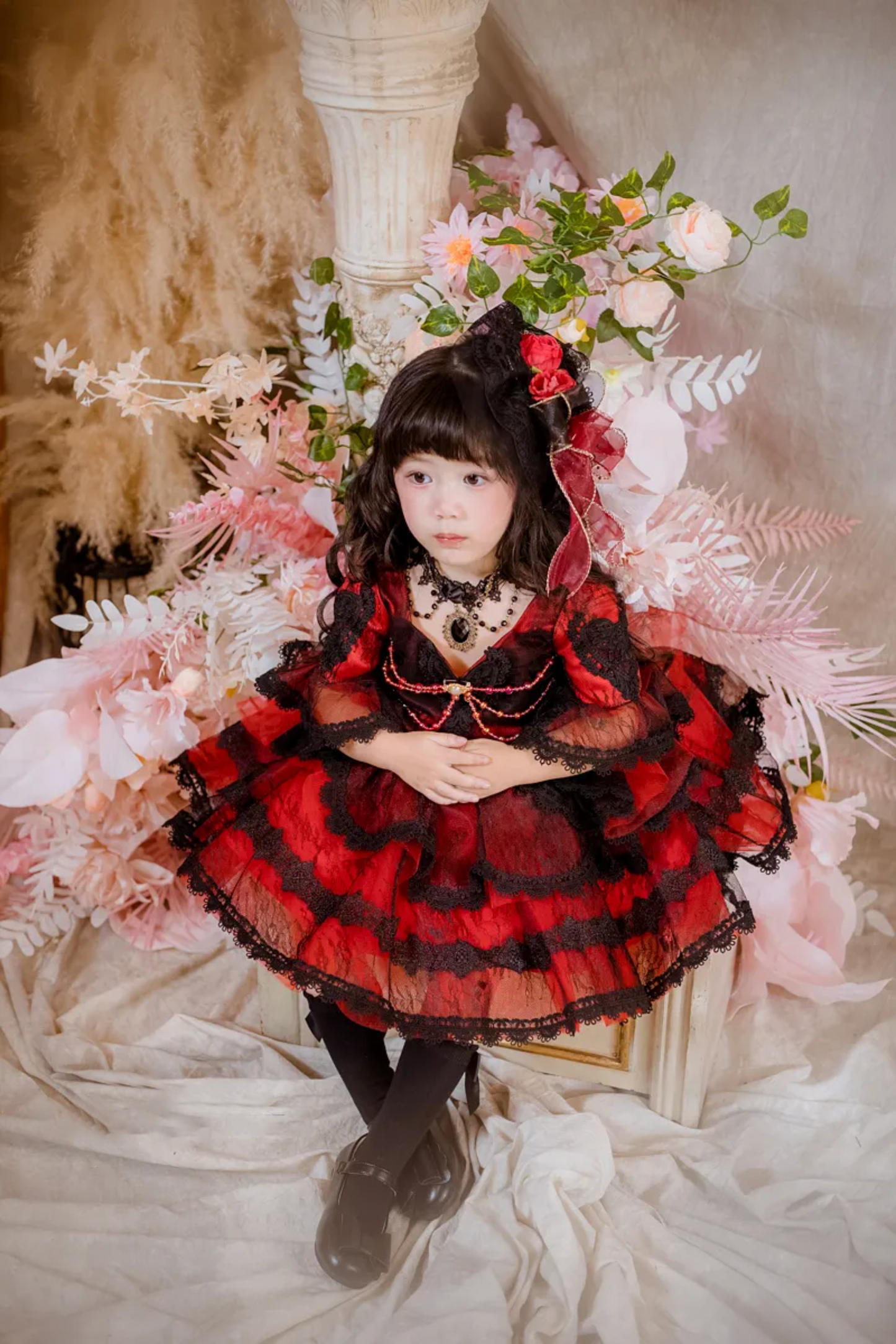 Poker Queen of Hearts~Red and Black Quarter Sleeves/ Puff Sleeves Dress~