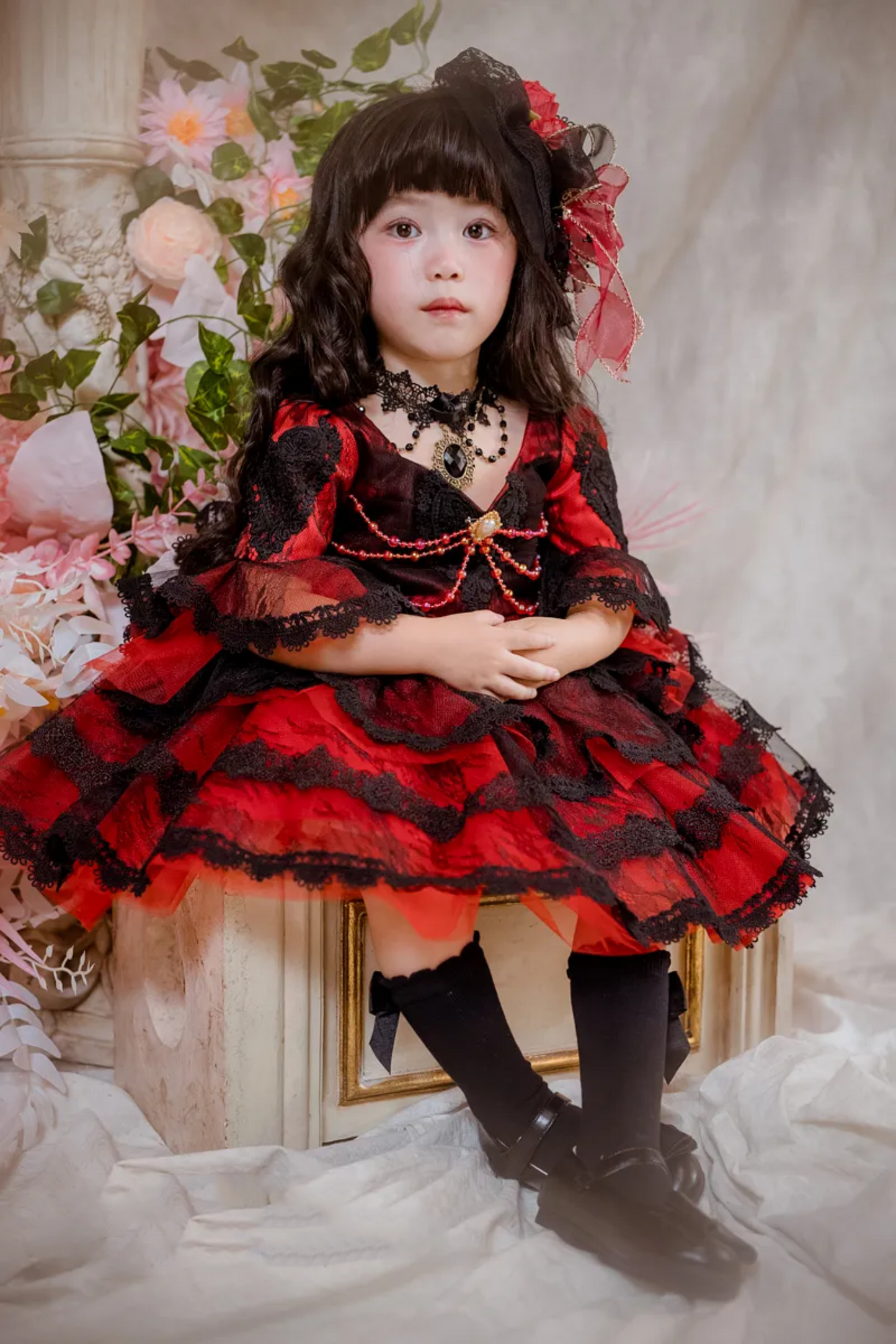 Poker Queen of Hearts~Red and Black Quarter Sleeves/ Puff Sleeves Dress~