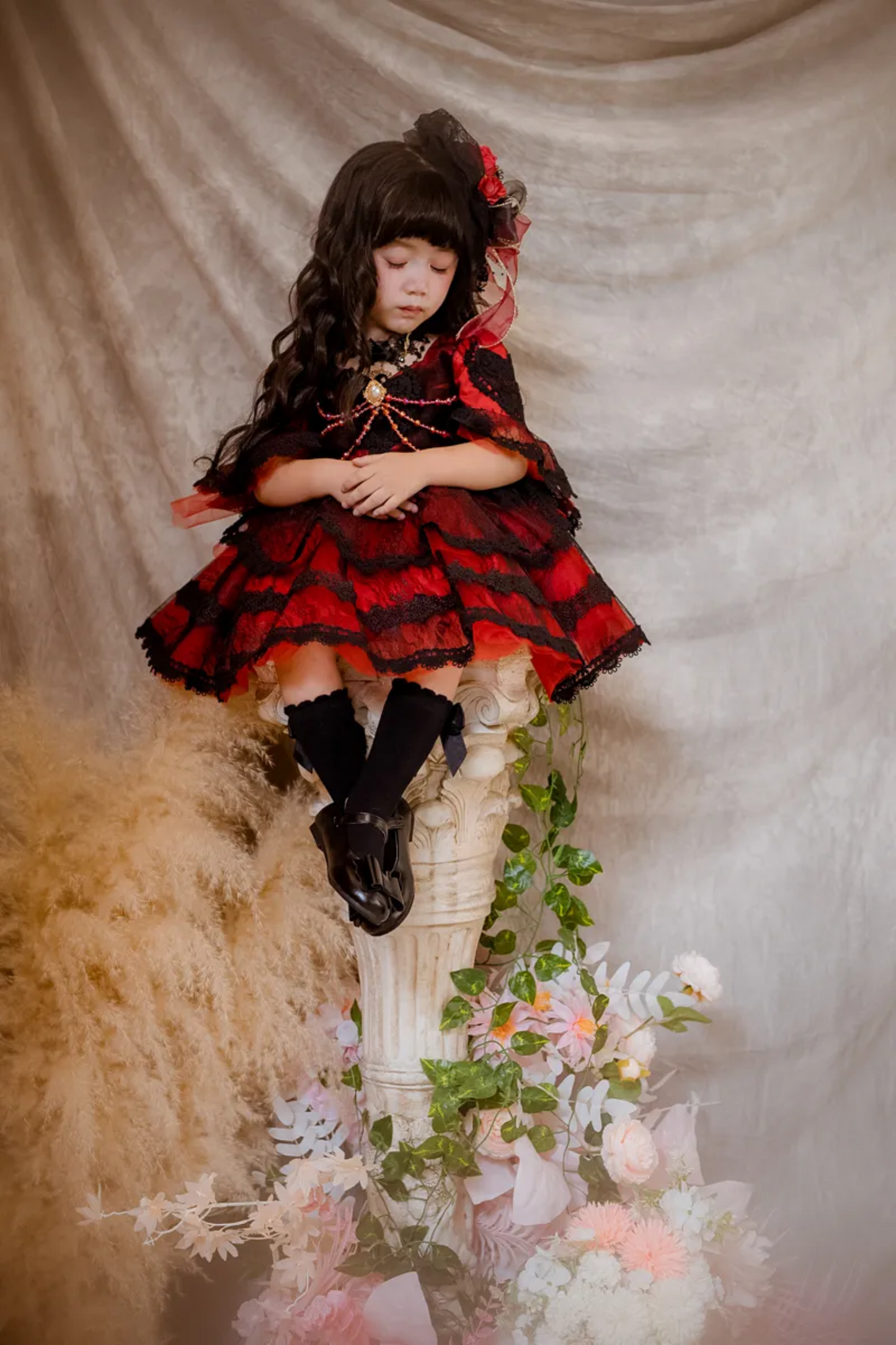 Poker Queen of Hearts~Red and Black Quarter Sleeves/ Puff Sleeves Dress~