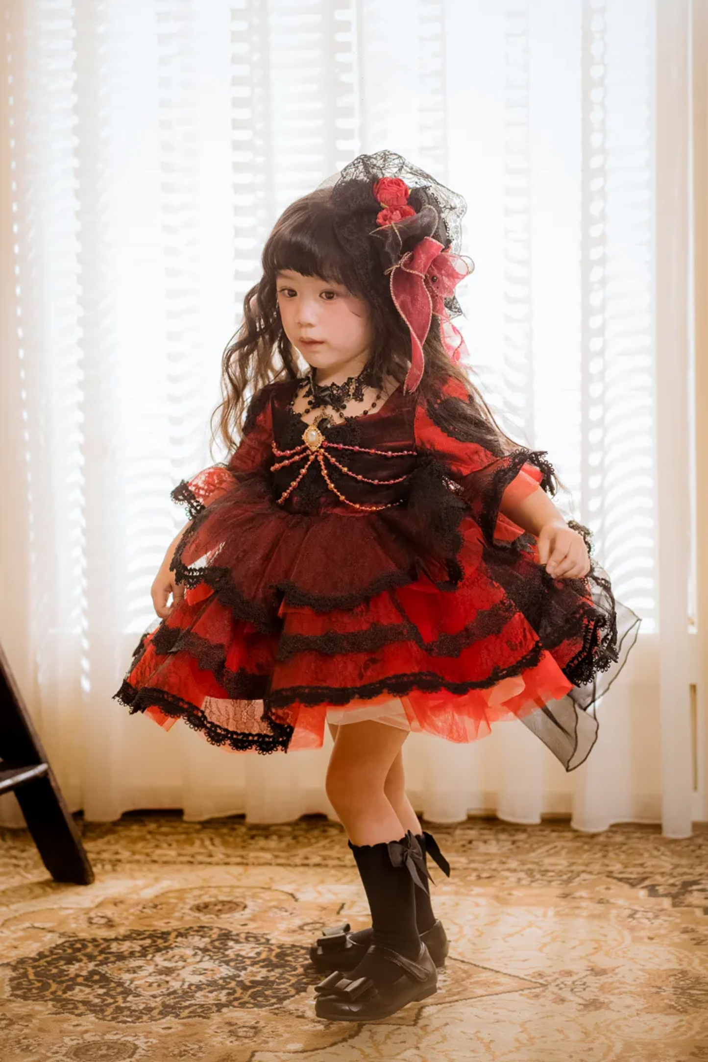 Poker Queen of Hearts~Red and Black Quarter Sleeves/ Puff Sleeves Dress~