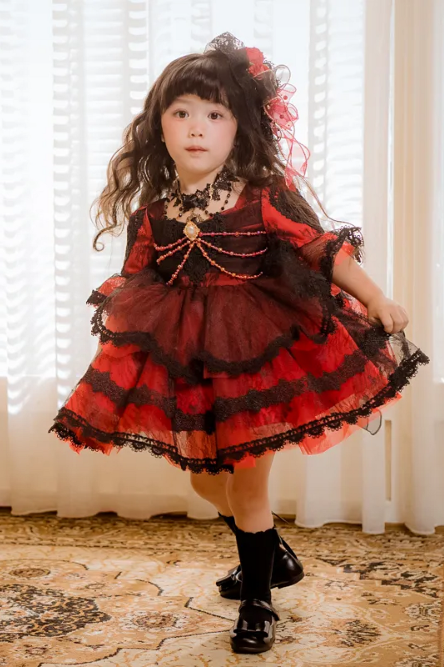 Poker Queen of Hearts~Red and Black Quarter Sleeves/ Puff Sleeves Dress~