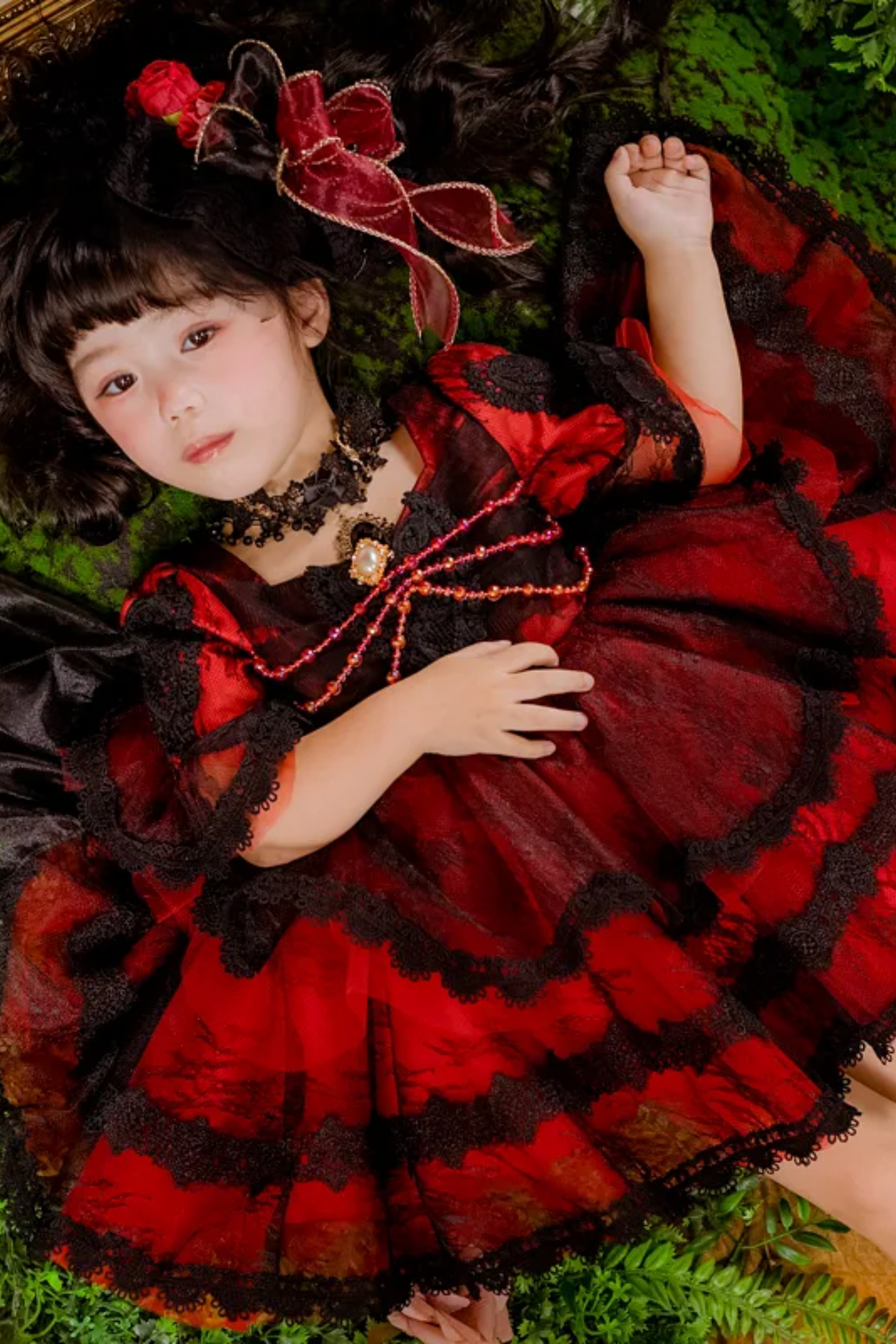Poker Queen of Hearts~Red and Black Quarter Sleeves/ Puff Sleeves Dress~