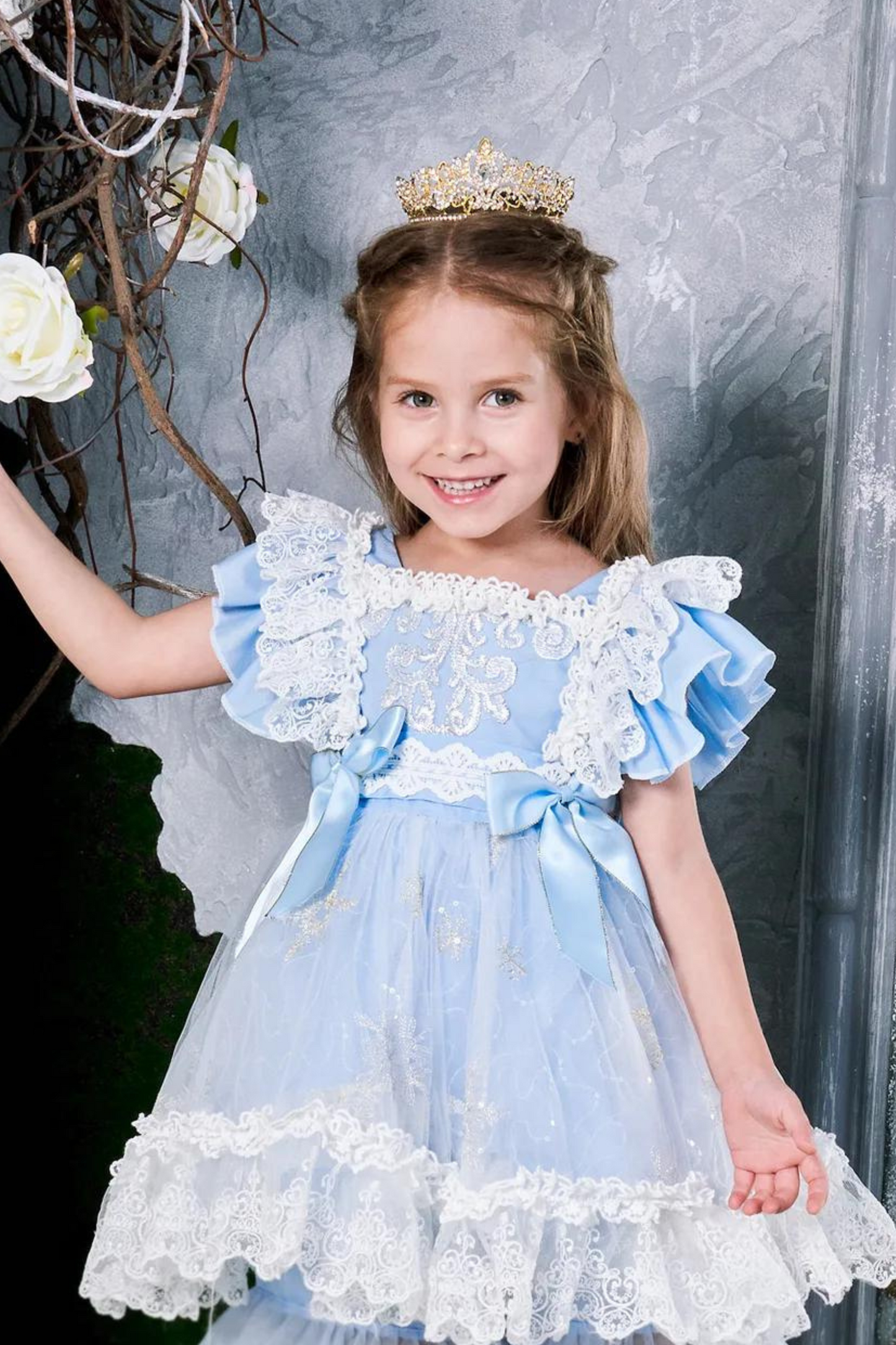 Elsa Blue Ruffled Sleeves Snowflake LaceDress