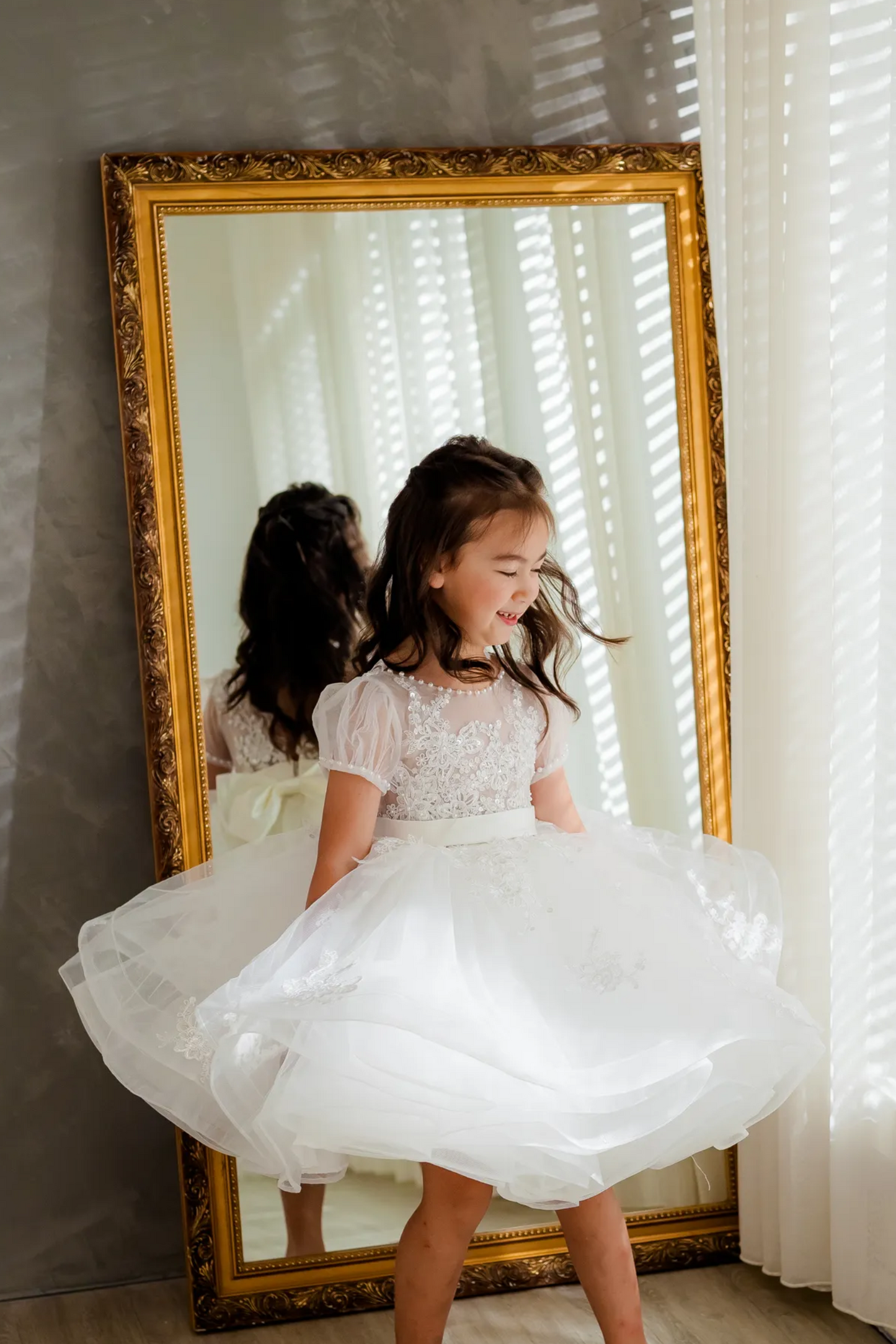 Charlotte - Hand-embroidered Puff Sleeves White Lace Gown