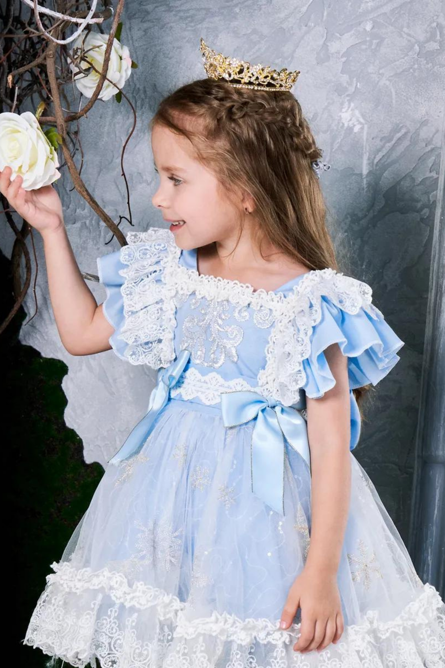 Elsa Blue Ruffled Sleeves Snowflake LaceDress