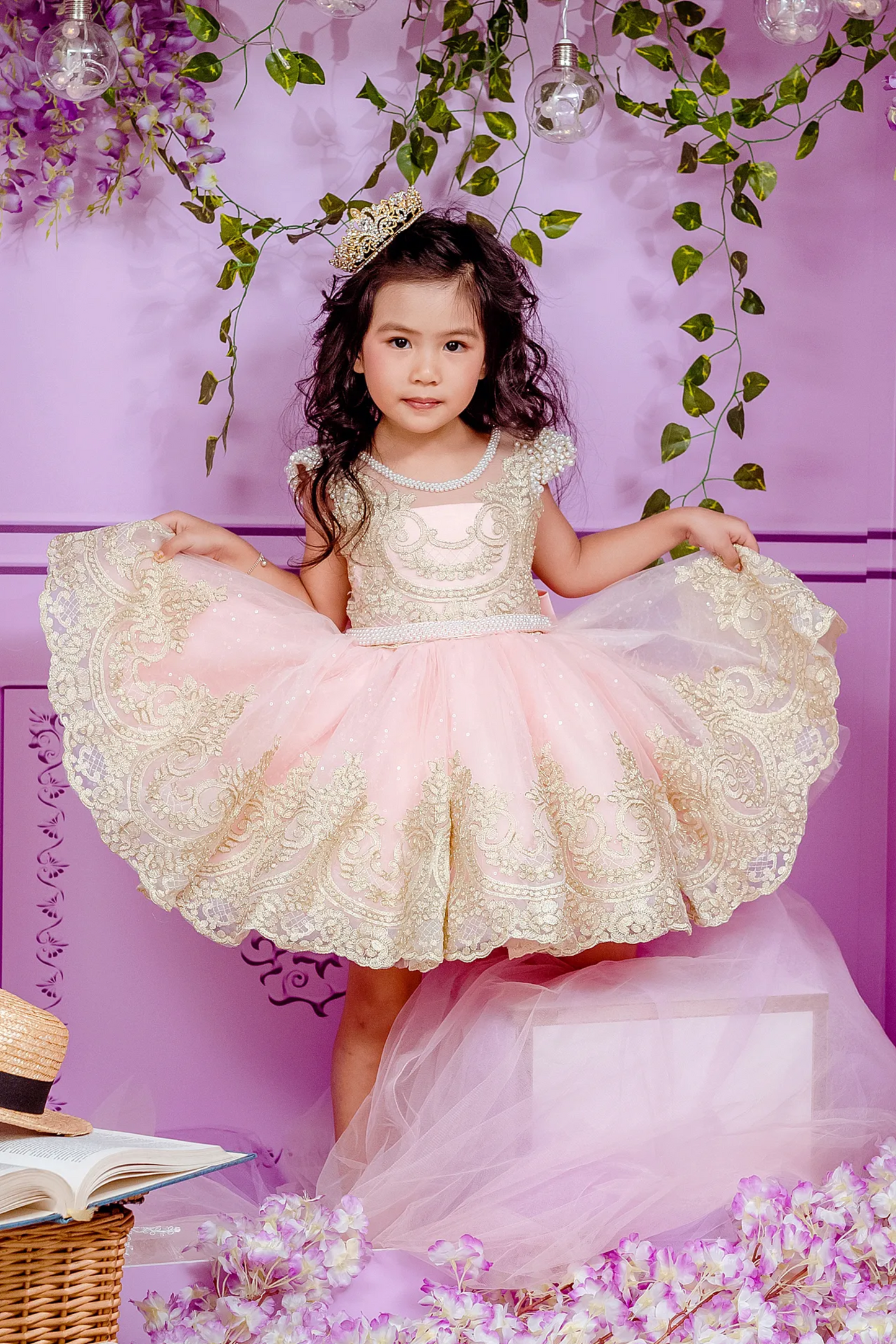 Pink Swan Rococo Gold Lace Dress