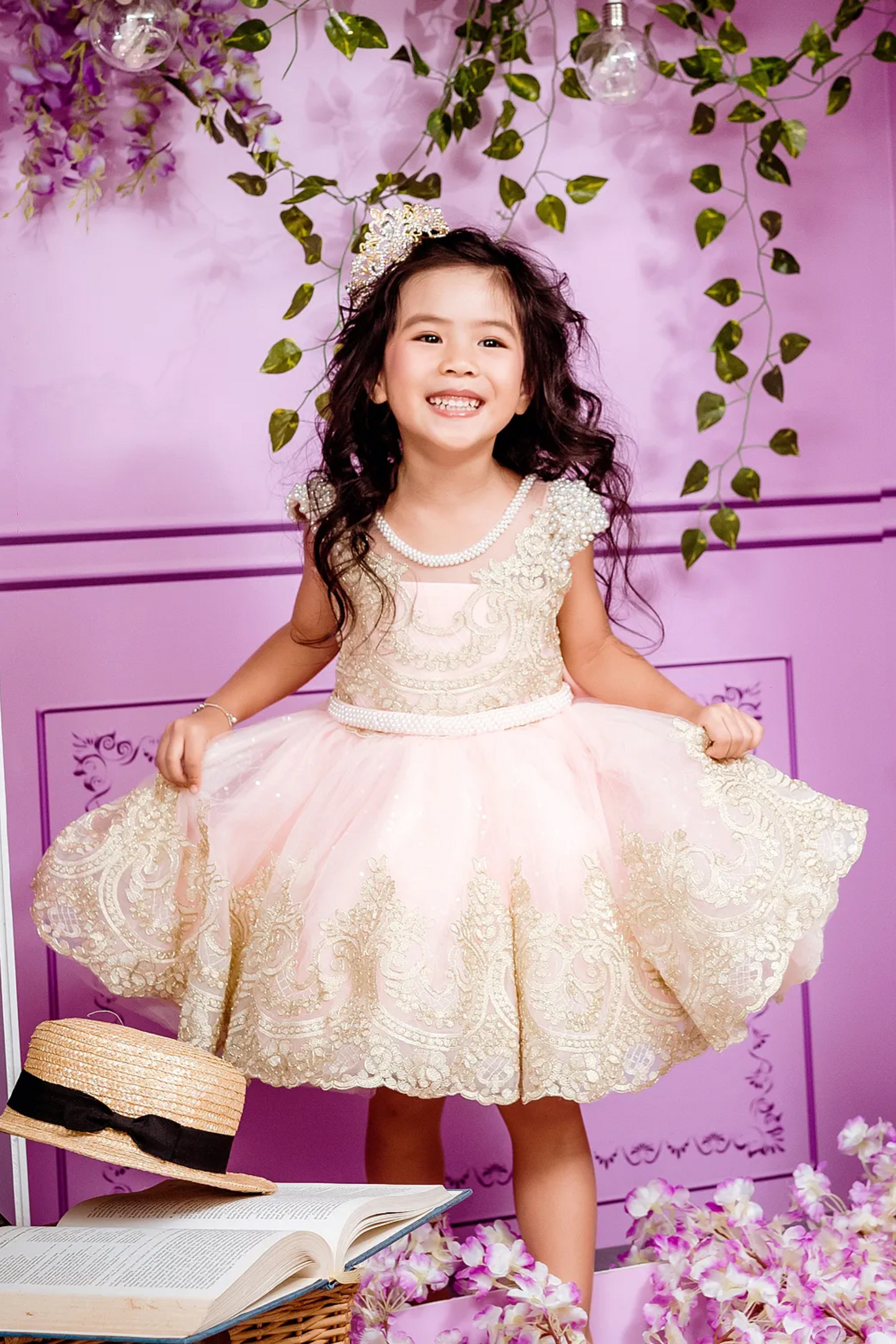 Pink Swan Rococo Gold Lace Dress