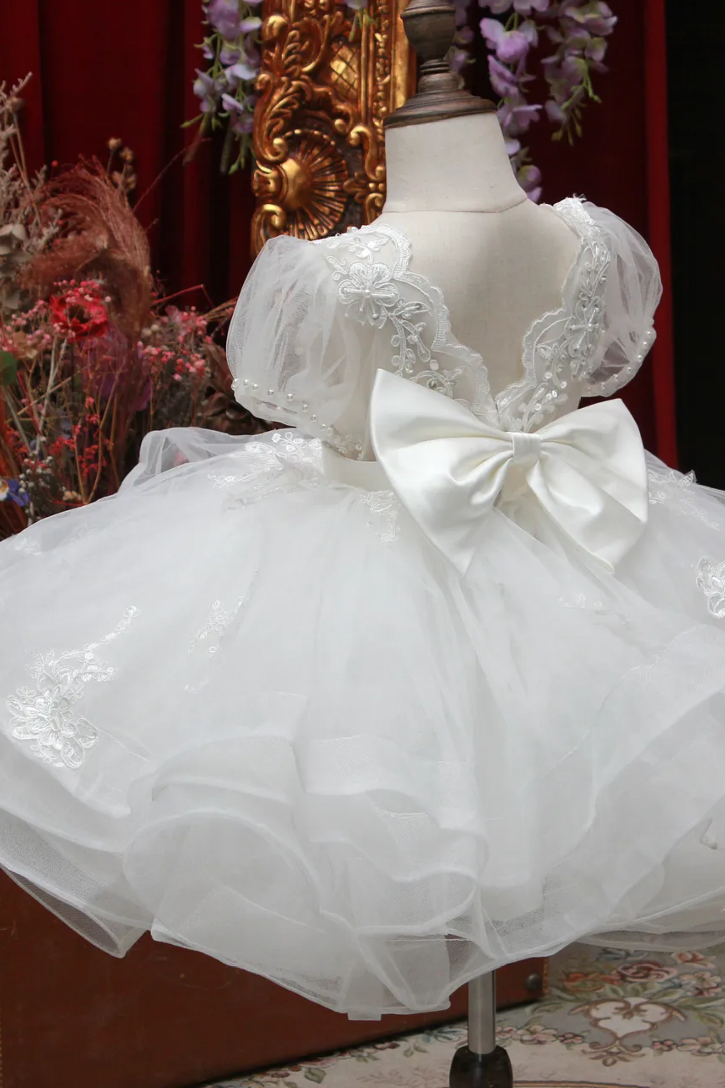 Charlotte - Hand-embroidered Puff Sleeves White Lace Gown