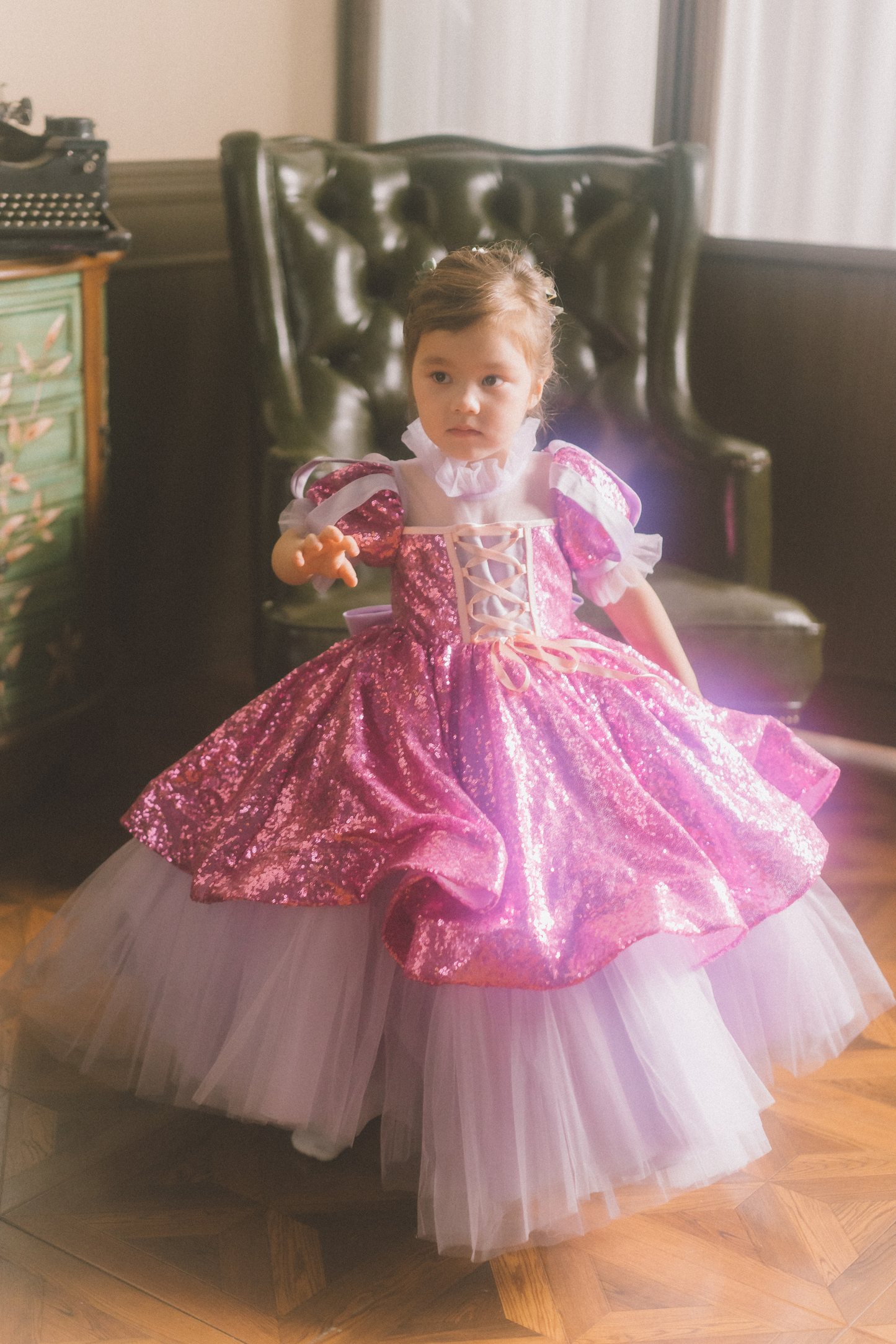 Rapunzel Purple and Pink Puff Sleeve Sequin Gown