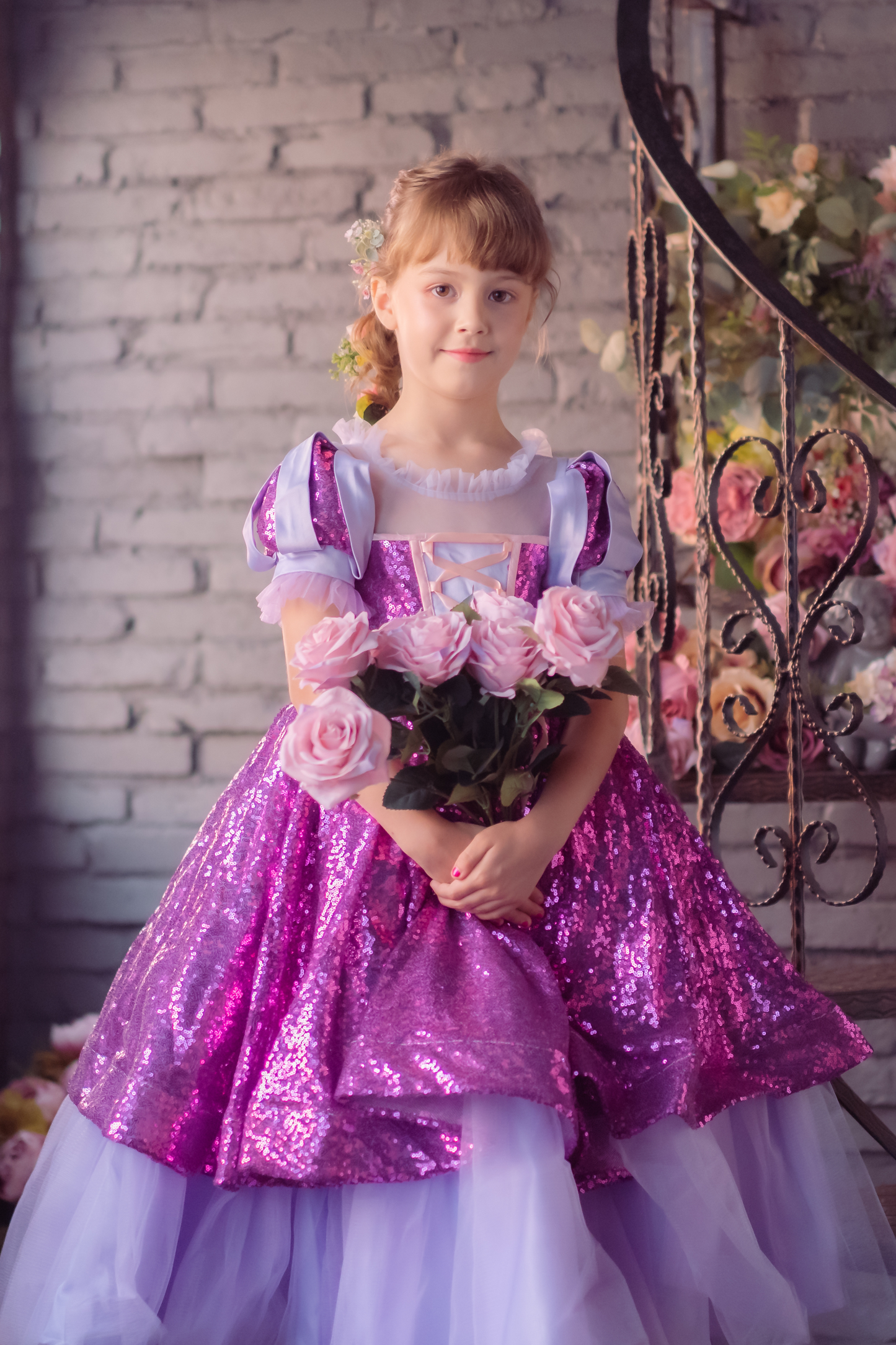 Rapunzel Purple and Pink Puff Sleeve Sequin Gown