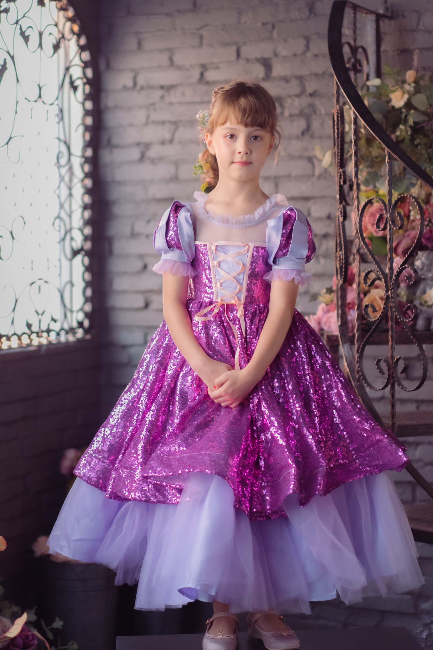 Rapunzel Purple and Pink Puff Sleeve Sequin Gown