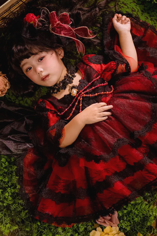 Poker Queen of Hearts~Red and Black Quarter Sleeves/ Puff Sleeves Dress~