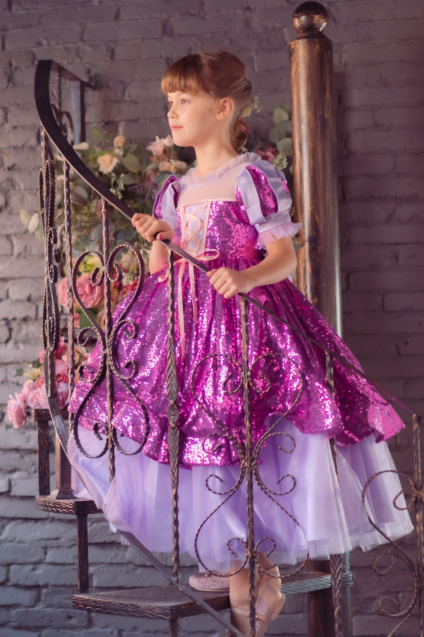 Rapunzel Purple and Pink Puff Sleeve Sequin Gown