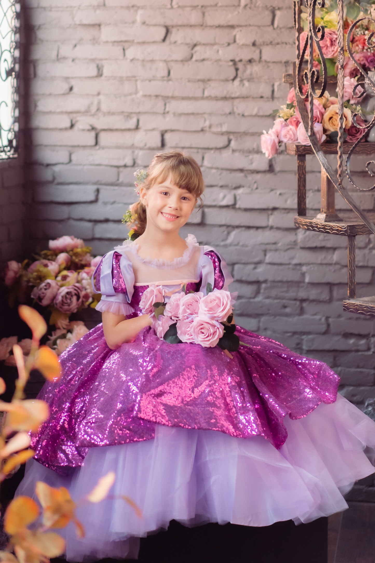 Rapunzel Purple and Pink Puff Sleeve Sequin Gown