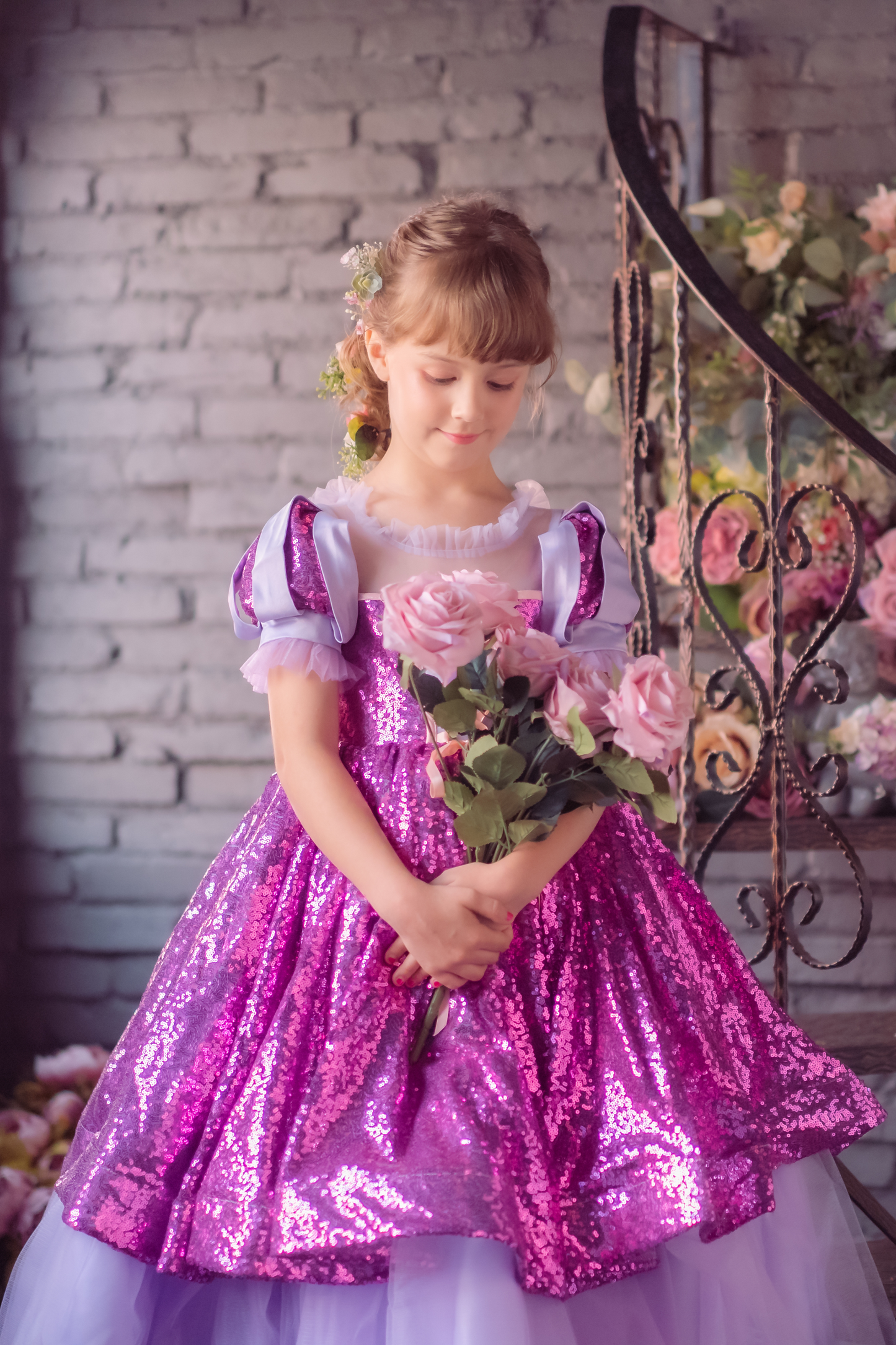 Rapunzel Purple and Pink Puff Sleeve Sequin Gown