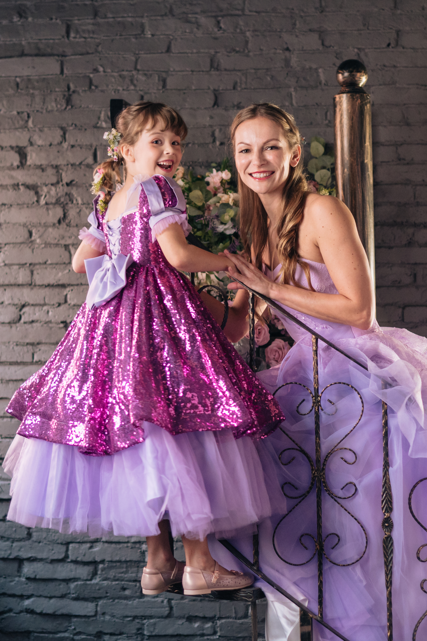 Rapunzel Purple and Pink Puff Sleeve Sequin Gown