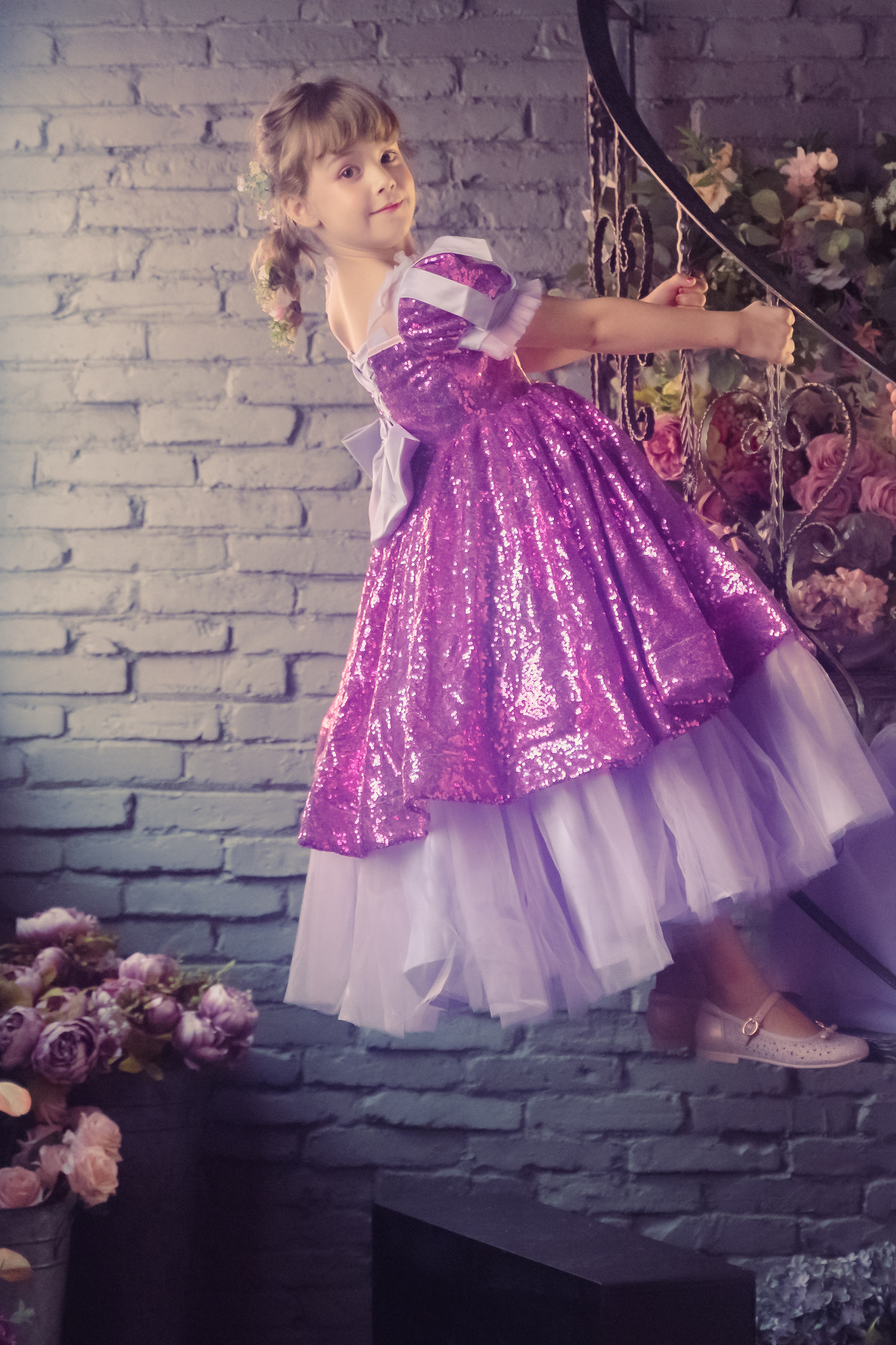 Rapunzel Purple and Pink Puff Sleeve Sequin Gown