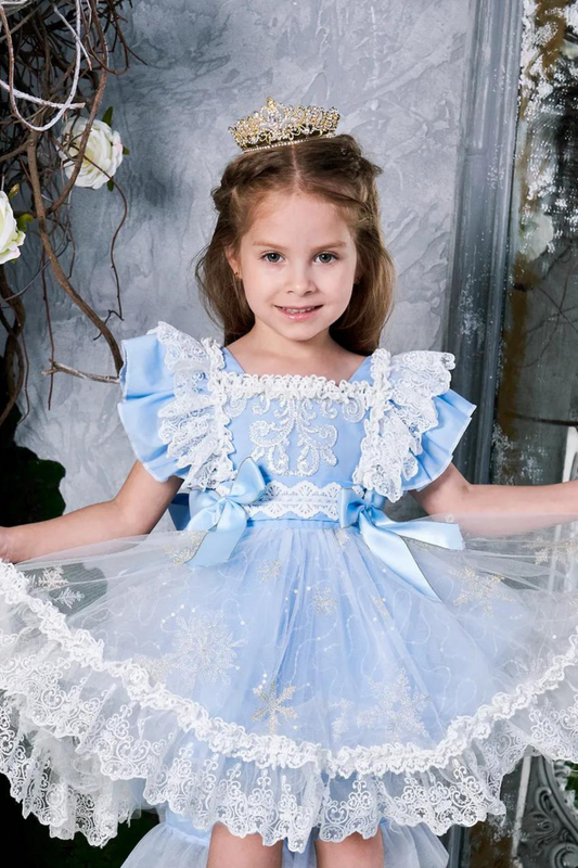 Elsa Blue Ruffled Sleeves Snowflake LaceDress