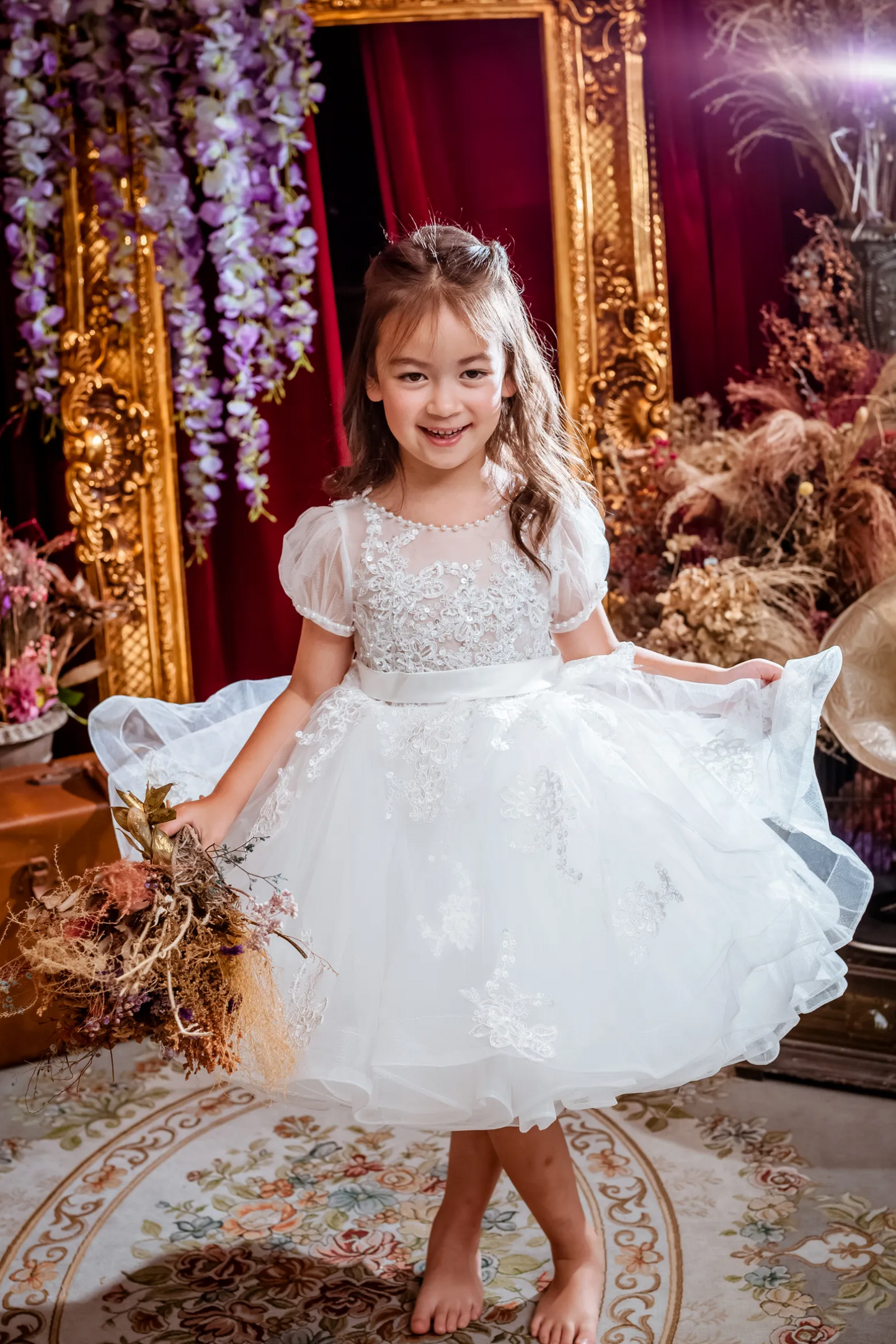 Charlotte - Hand-embroidered Puff Sleeves White Lace Gown