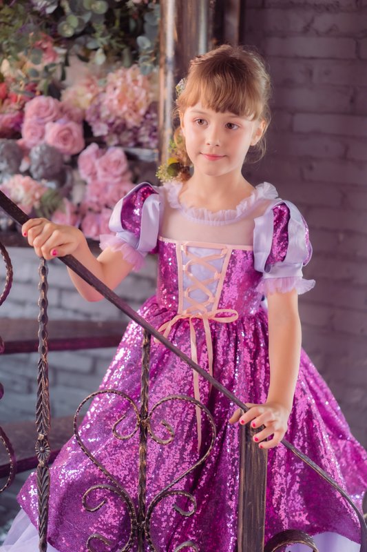 Rapunzel Purple and Pink Puff Sleeve Sequin Gown