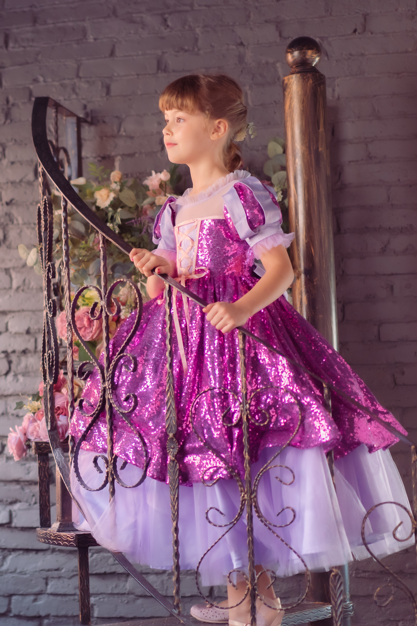 Rapunzel Purple and Pink Puff Sleeve Sequin Gown