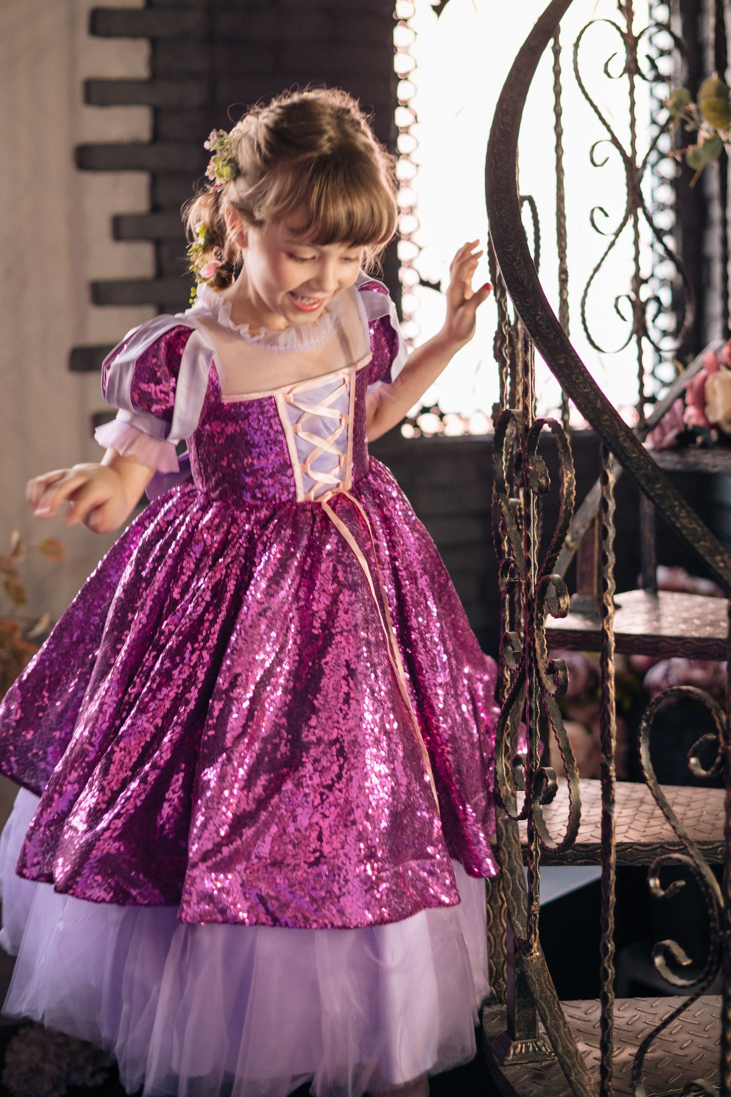 Rapunzel Purple and Pink Puff Sleeve Sequin Gown