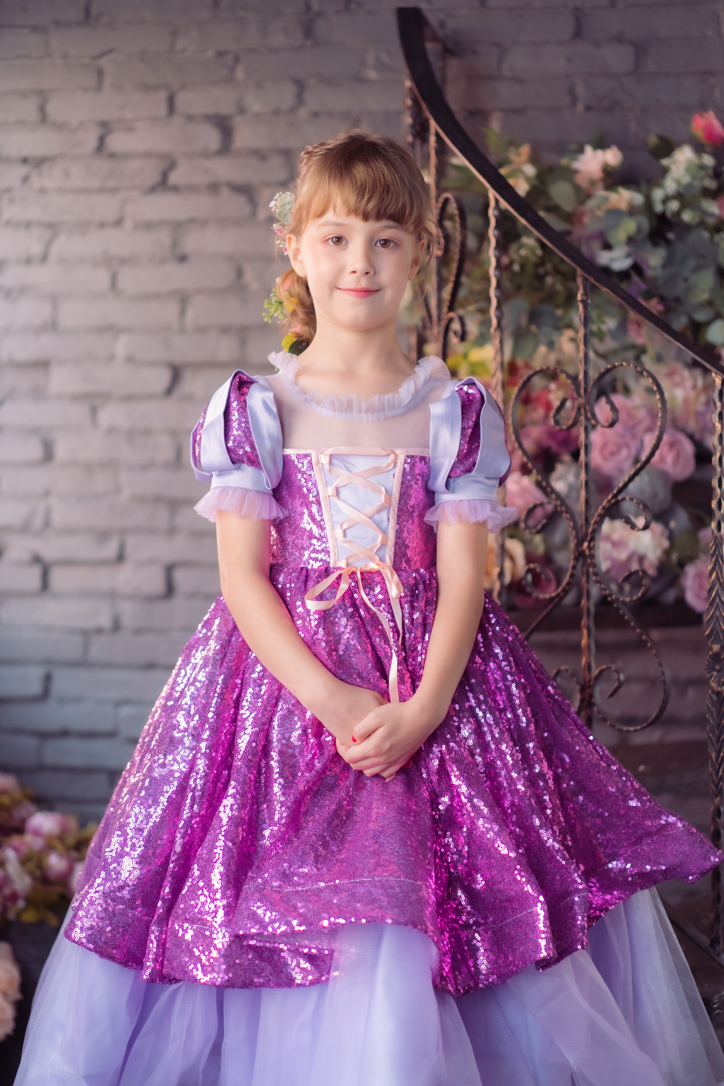 Rapunzel Purple and Pink Puff Sleeve Sequin Gown