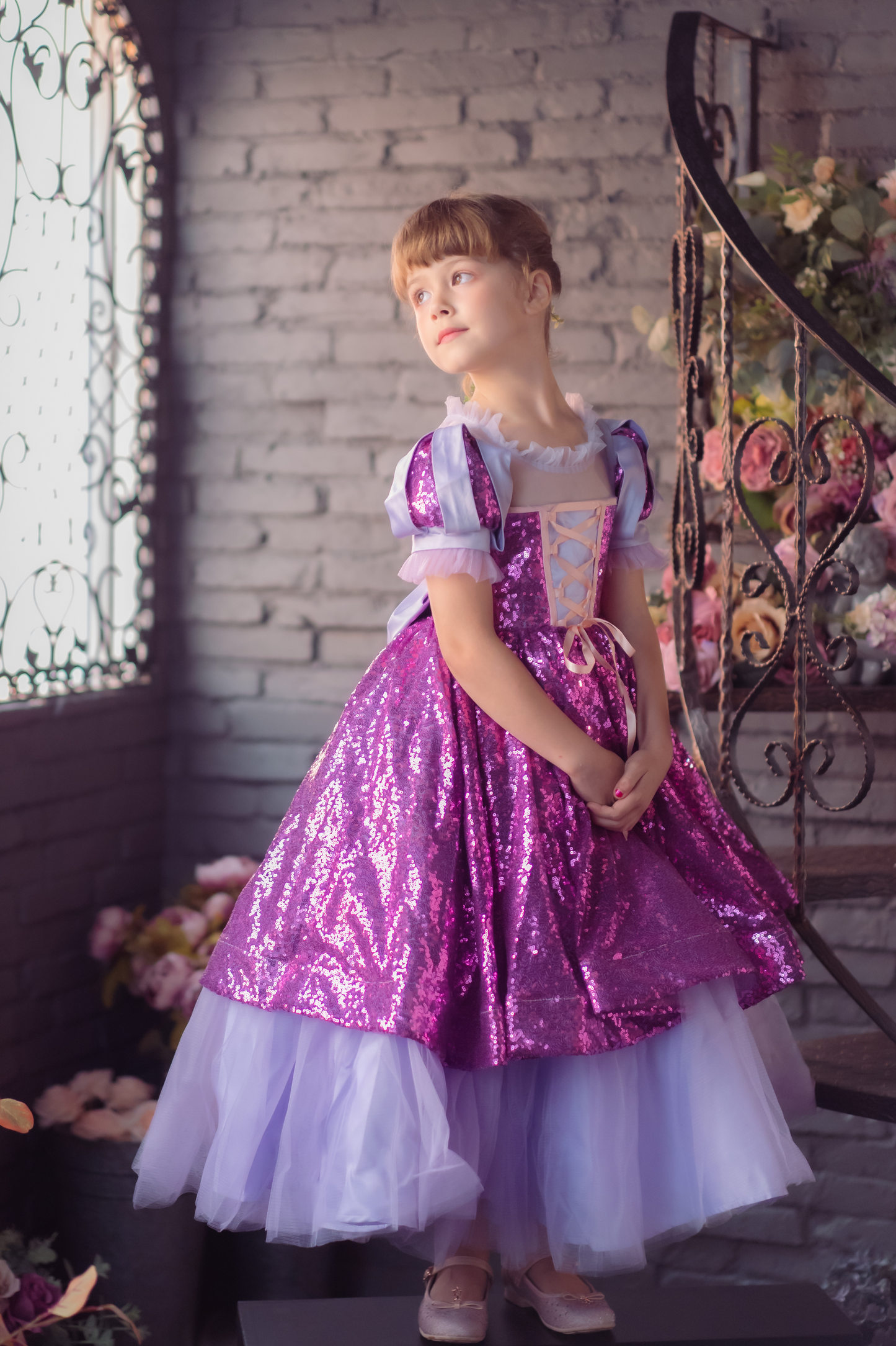 Rapunzel Purple and Pink Puff Sleeve Sequin Gown