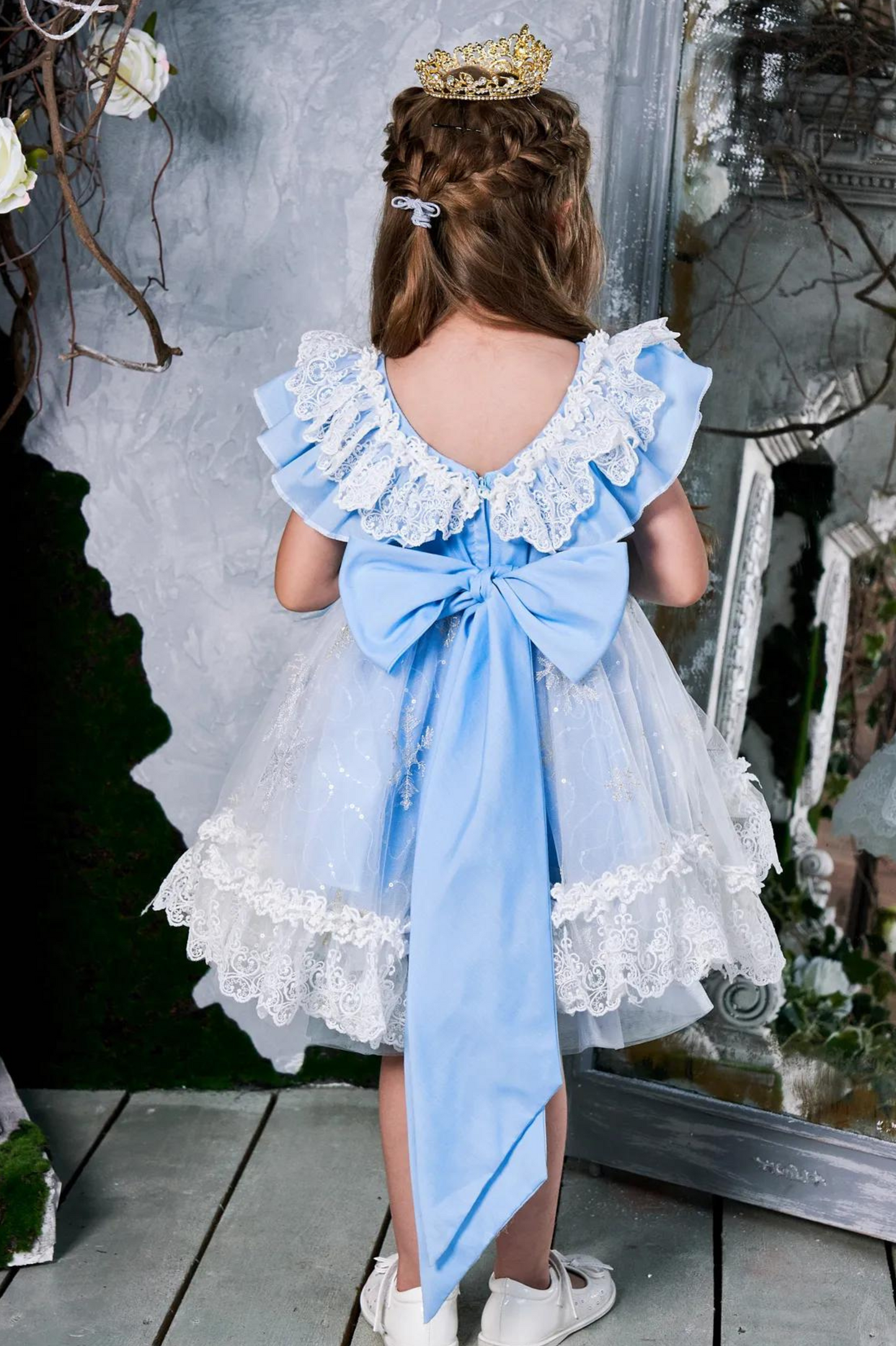 Elsa Blue Ruffled Sleeves Snowflake LaceDress