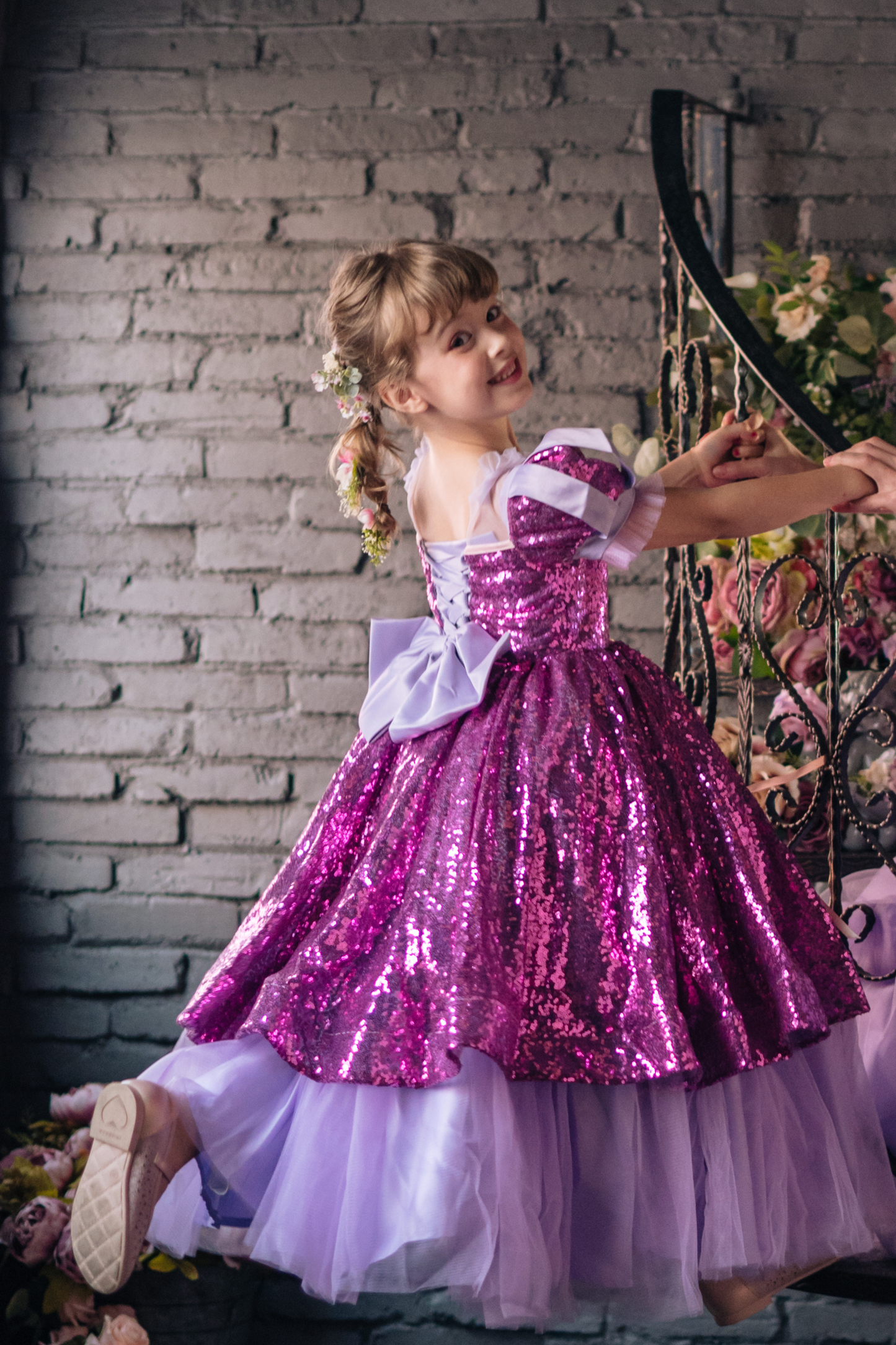 Rapunzel Purple and Pink Puff Sleeve Sequin Gown