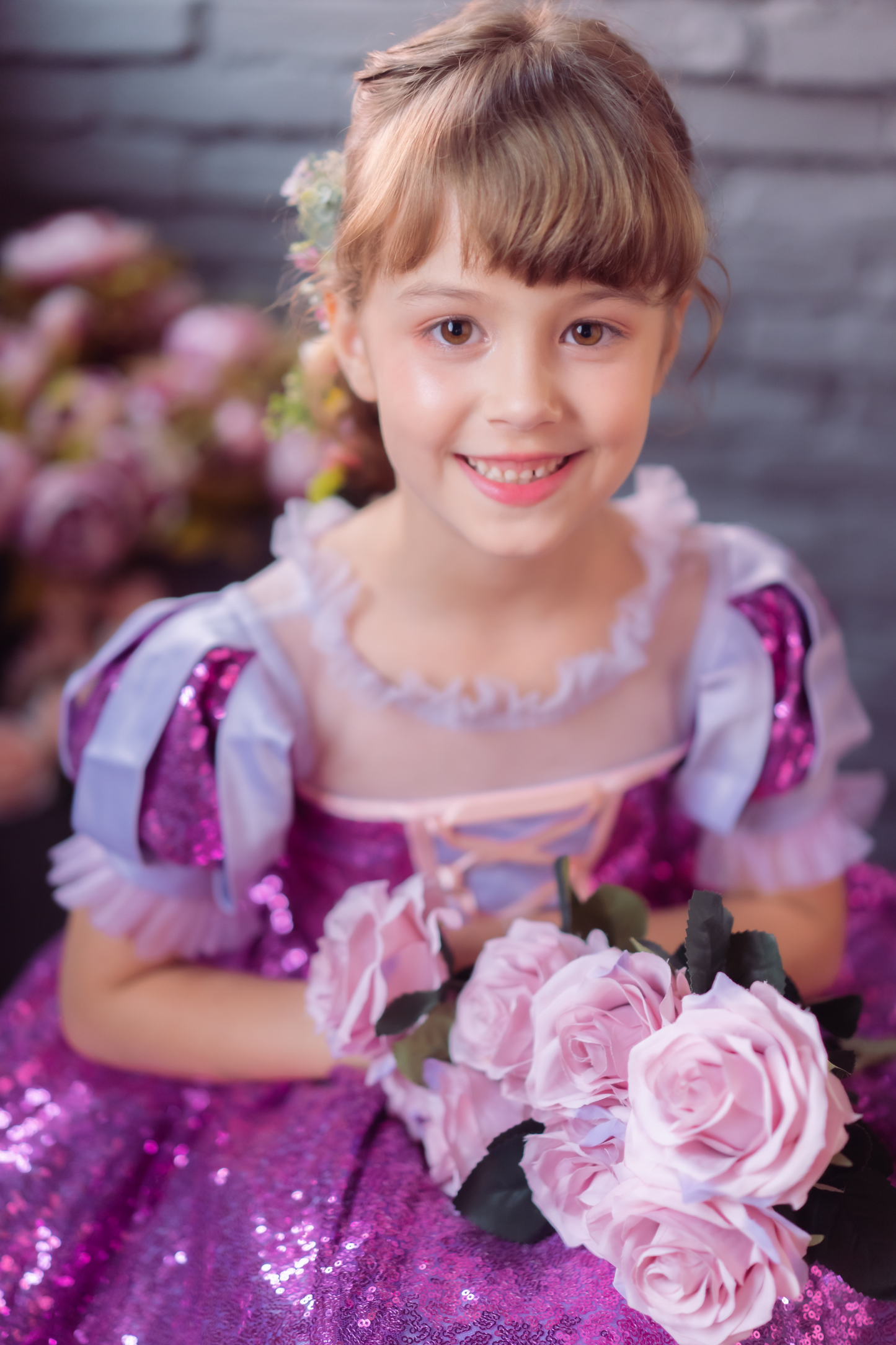 Rapunzel Purple and Pink Puff Sleeve Sequin Gown