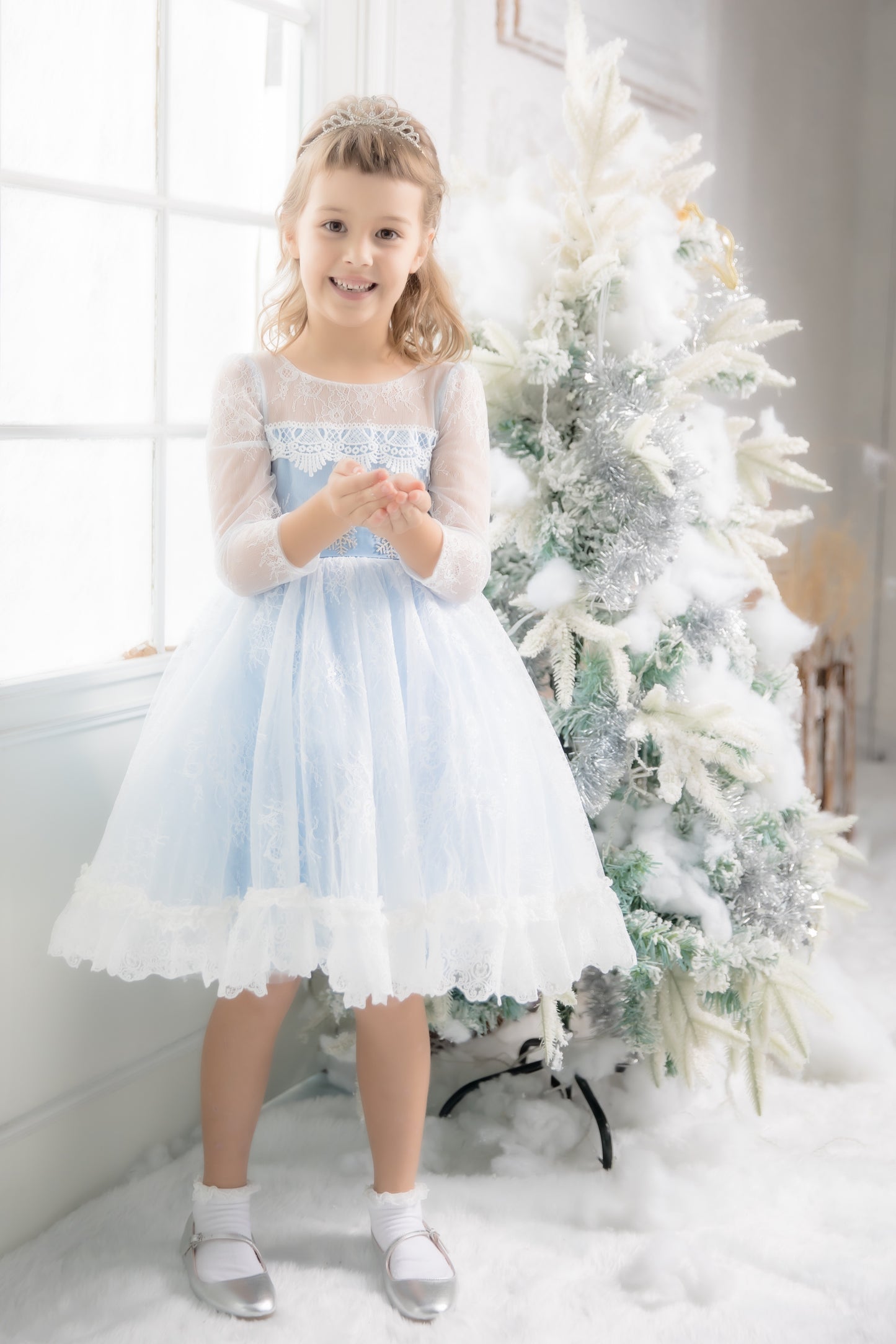 Elsa Long Sleeves Lace Dress (Blue/ Pink/ White)